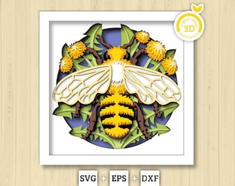 Bee with Dandelions - 3D Shadow Box Layered SVG DXF EPS (Cutting Files)