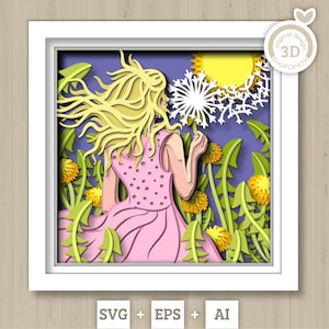3D Löwenzahn Mädchen Shadow Box SVG Geschichtete Löwenzahn SVG, Frühling Shadow Box, Blumen 3D svg, Floral 3d svg, Papierschnitt svg, Cricut Silhouette