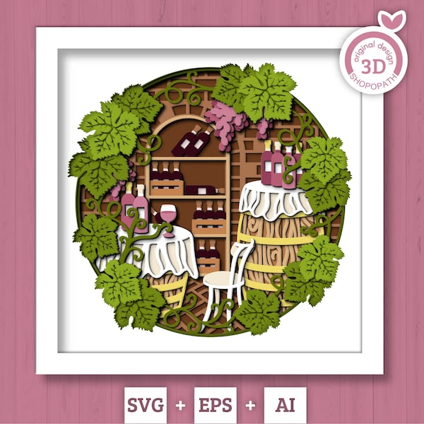 3D SVG Wine Shadow Box Layered Wine Cellar Grape Vines, Winery Shadow Box, Wine Glass 3D Svg, Leaves 3d Svg, Flowers svg, Cricut Silhouette