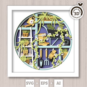 3D SVG Jardinage Shadow Box Jardin printanier SVG avec feuilles et fleurs avec plantes et outils en pot en céramique Svg en couches, Silhouette Cricut