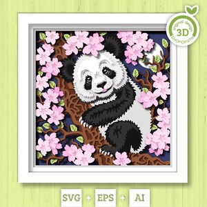 Panda SVG 3D com caixa de sombra de flor de cerejeira, Panda SVG 3D, Svg de flor de cerejeira 3d, Urso Panda 3D SVG, Flor 3d svg, Silhueta Cricut