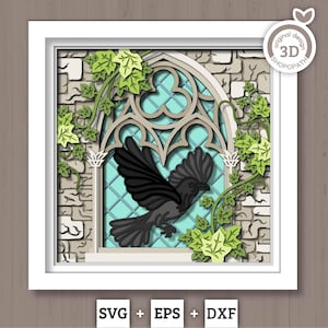3D SVG Crow With Gothic Window Sill Shadow Box, Ivy 3D SVG, Stained Glass 3D Svg, Crow 3D Svg, Gothic Window 3D SVG, Cricut Silhouette