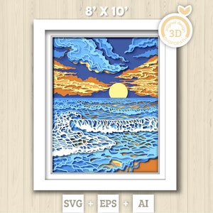 3D SVG Sunset Shadow Box, 8x10 inch Layered Sunset 3D Svg, Summer 3D Svg, Sea 3D SVG, Waves 3D SVG Beach Shadow Box 3d svg Cricut Silhouette