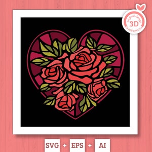 3D SVG Valentine&#39;s Day Stained Glass Shadow Box, Heart With Roses 3D Svg, Love Papercut 3d Svg, Romantic Shadow Box SVG, Cricut Silhouette