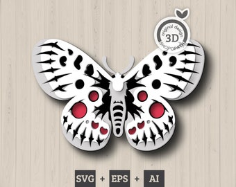 3D Warstwowy Motyl Apollo SVG PDF EPS, 3D Warstwa Motyla, Warstwowy Papier Cięty SVG, Błędy SVG, Laserowo Cięty Motyl Cricut Glowforge