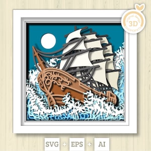 Scatola ombreggiata 3D SVG per veliero, Nave 3D SVG, Spiaggia 3D SVG, Mare 3D SVG, Estate 3D SVG, Barca a vela 3D SVG, Silhouette 3D per Cricut di barche SVG