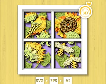 3D Layered Honey Bee And Goldfinch With Sunflowers Shadow Box SVG, Summer Shadow Box, 3D Sunflower Papercut svg 3D Bee SVG Cricut Silhouette