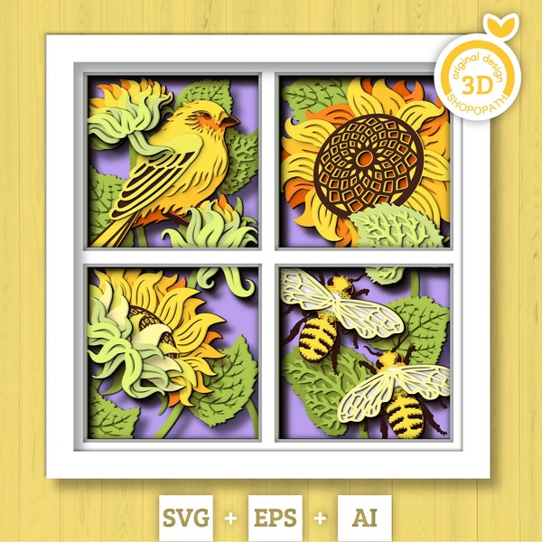 3D Layered Honey Bee And Goldfinch With Sunflowers Shadow Box SVG, Summer Shadow Box, 3D Sunflower Papercut svg 3D Bee SVG Cricut Silhouette