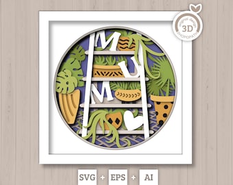 3D SVG moeder Shadow Box SVG Moederdag Shadow Box lentetuin met bladeren keramische potplanten gelaagde svg, Cricut silhouet