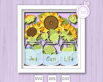 Jars with Sunflowers and Message - 3D Shadow Box Layered SVG DXF EPS (Cutting Files)