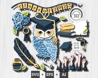 May include: A blue and yellow graduation themed paper craft design featuring an owl wearing a graduation cap, a feather quill, an inkwell, a diploma, a banner that says "Class of 2025", and graduation caps. The design is labeled "Original Design 3D Shopopath" and "Files Up To 2030".