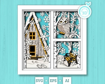 3D SVG Winter Shadow Box, Layered Owl Shadow Box Svg, Snowflakes 3D Svg Birch Forest 3d Svg Christmas Cabin Shadow Box svg Cricut Silhouette