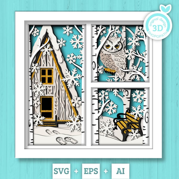 3D SVG hiver Shadow Box, superposition de hibou Shadow Box Svg, flocons de neige 3D Svg forêt de bouleaux 3D Svg Noël cabane Shadow Box svg Cricut Silhouette