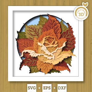 Puede incluir: Un diseño de papel recortado en 3D con capas que presenta una rosa central rodeada de hojas de otoño en tonos naranja, rojo y verde. La obra está encerrada en un marco cuadrado blanco e incluye una insignia circular con el texto 3D SHOPOPATH.