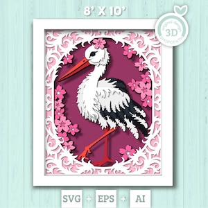 Cigogne 3D cadre dentelle cadre ombre boîte SVG, 8 x 10 pouces svg 3d cigogne en couches, décoration baby shower, nouveau-né svg 3d, chambre d'enfant 3D SVG Cricut Silhouette