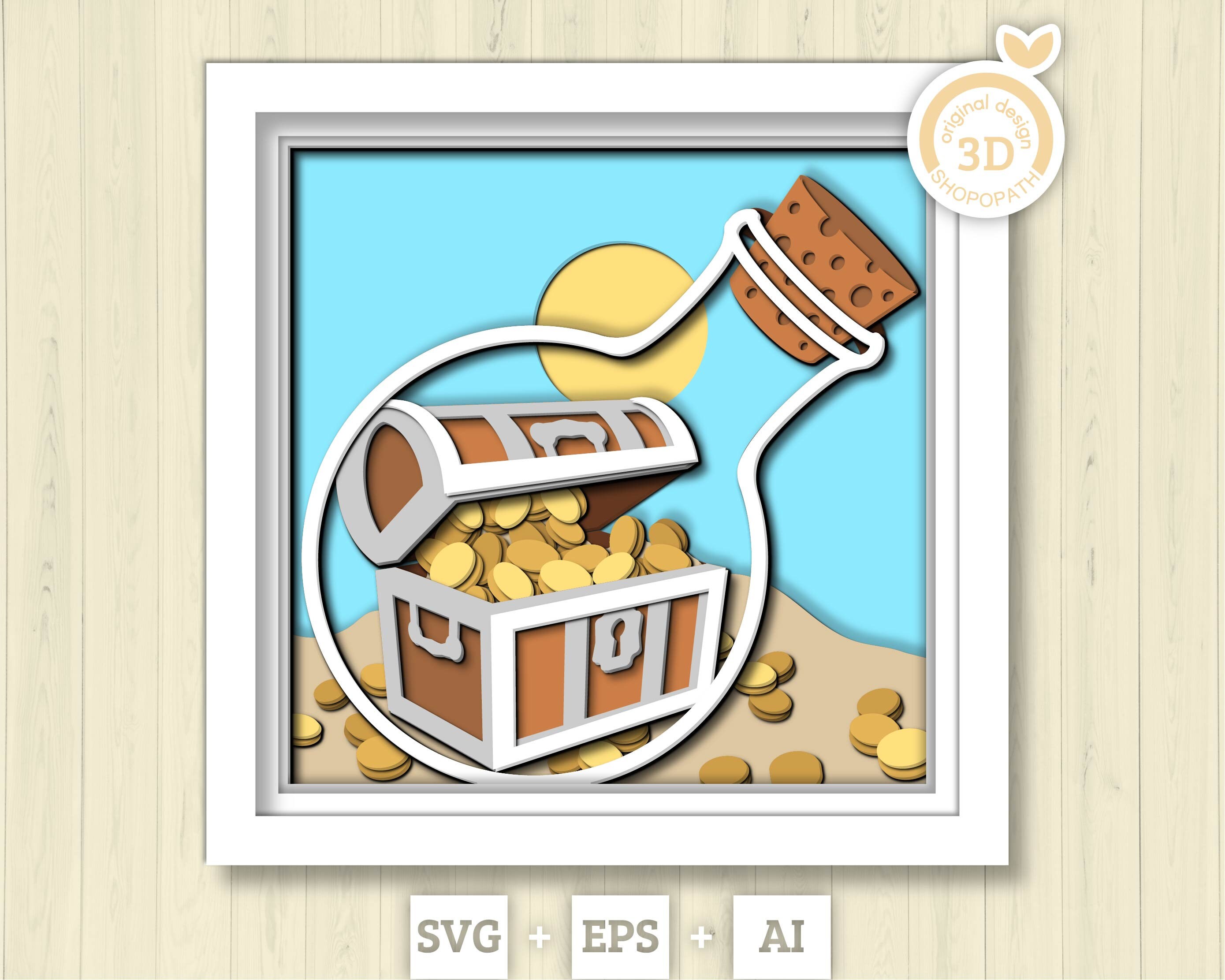 3D SVG 宝箱のボトル シャドー ボックス、宝箱 3D SVG、ビーチ 3D SVG、海 3D SVG、夏 3D SVG 宝物 3D SVG  Cricut シルエット - Etsy 日本