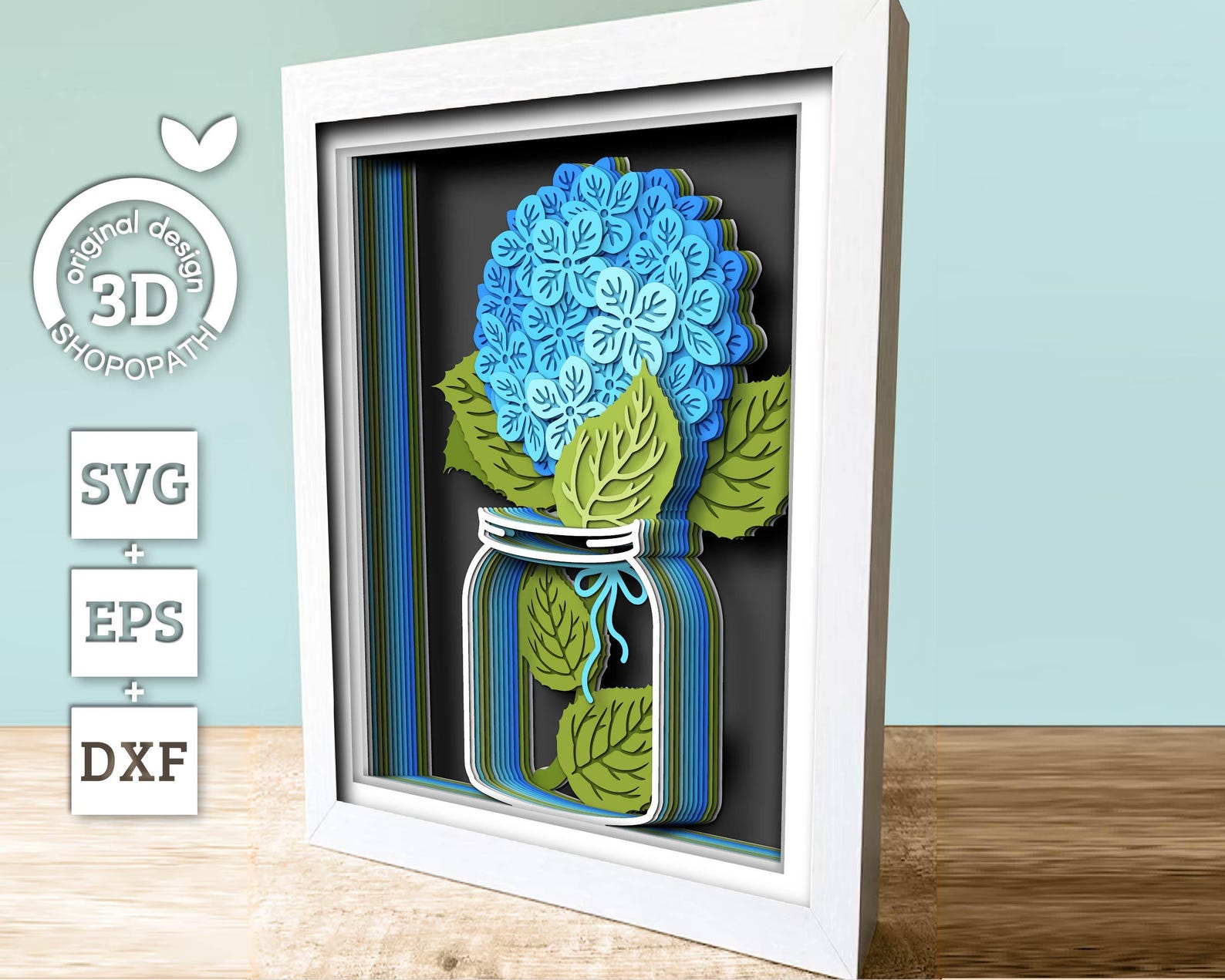 Hydrangea in Jar 8x10 Inch - 3D Shadow Box Layered SVG DXF EPS (cutting ...