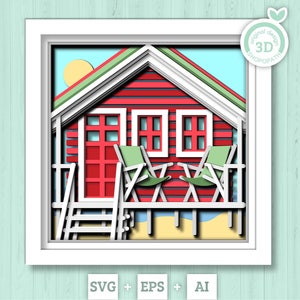 Scatola delle ombre della casa sulla spiaggia a strati 3D SVG, mare 3D svg, spiaggia 3D SVG, estate 3d SVG, palma 3d svg, sedia da spiaggia 3d SVG, Cricut Silhouette