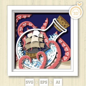 3D SVG Veliero In Bottiglia Con Tentacoli Di Polpo Scatola Ombra, Nave 3D Svg, Polpo 3d Svg, Mare 3D SVG, Estate 3d Svg, Cricut Silhouette