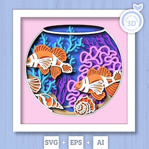 Poissons 3D Aquarium Shadow Box SVG, Sea Shadow Box, poisson clown, étoile de mer, hippocampe 3D Svg, créatures marines 3D Svg, svg nautique Silhouette Cricut
