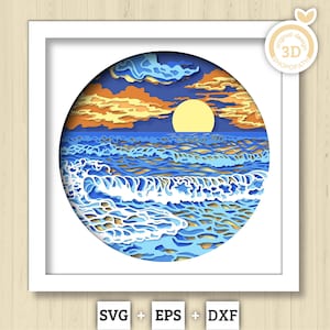 3D SVG Beach Sunset Shadow Box, Sunset 3D Svg, Beach 3d Svg, Waves 3d svg, Summer 3d Svg, 3D SVG Beach Shadow Box Cricut Silhouette