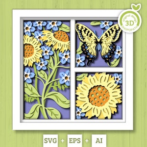 3D papillon ombre boîte SVG, SVG de souci de maïs en couches, boîte d'ombre de printemps, machaon tigre 3D Svg, svg 3D floral Papercut Silhouette Cricut
