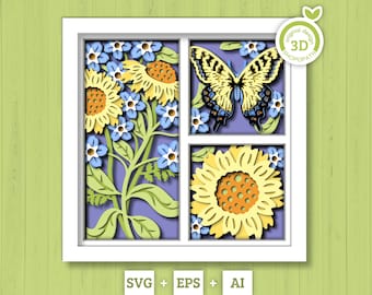 3D Butterfly Shadow Box SVG, Layered Corn Marigold SVG, Spring Shadow Box, Tiger Swallowtail 3D Svg,3D Floral Papercut svg Cricut Silhouette