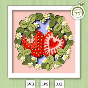 3D SVG Strawberry Shadow Box SVG, Spring Shadow Box, Leaves 3D Svg, Flowers 3d svg, Summer Floral Layered Papercut svg, Cricut Silhouette