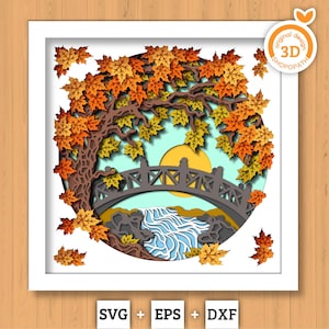 Árbol otoñal 3D SVG sobre un arroyo, caja de sombras, otoño 3D SVG, hojas 3D SVG, naturaleza 3D SVG, follaje 3D SVG, caja de sombras otoñal, silueta de Cricut