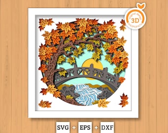 3D SVG Autumn Tree Over a Stream Shadow Box, Autumn 3D SVG, Leaves 3D Svg, Nature 3d Svg, Foliage 3D SVG Autumn Shadow Box Cricut Silhouette