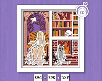 3D SVG Halloween Ghost Shadow Box, Layered Cat Halloween, Library Books 3D Svg Layered Papercut svg, 3d Halloween, Cricut Silhouette