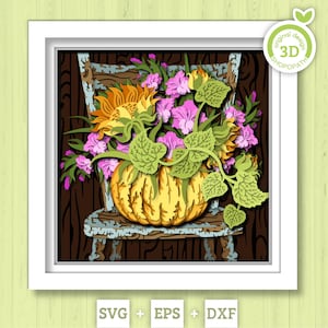 May include: 3D paper art of a pumpkin-shaped vase filled with flowers, including sunflowers and pink blooms, on a wooden chair. The artwork is framed in white and includes the text "original design 3D SHOPOPATH" and "SVG + EPS + DXF".