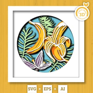 Superposition de couches bananes 3D SVG EPS, boîte d'ombre d'été, plage 3D Svg, tropical 3D Svg, fleur stratifié Papercut svg, feuilles svg Cricut Silhouette