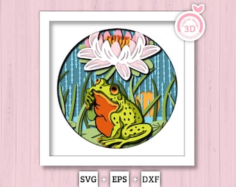 Frog under Waterlily in Rain - 3D Shadow Box Layered SVG DXF EPS (Cutting Files)