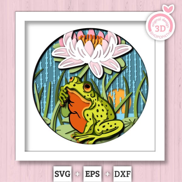 Frog under Waterlily in Rain - 3D Shadow Box Layered SVG DXF EPS (Cutting Files)
