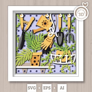Outils de jardinage 3D SVG Shadow Box SVG Jardin printanier avec feuilles et fleurs avec plantes en pot et outils Svg en couches, Silhouette Cricut