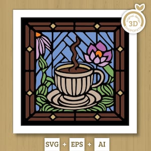 Caja de sombras de café con vitrales en formato SVG 3D, café con leche en formato SVG 3D, vitrales cortados en papel en formato SVG 3D, caja de sombras con flores en capas, silueta de Cricut