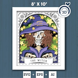 Carta de tarot de esqueleto de bruja en formato SVG 3D de 8 x 10, caja de sombras de Halloween en formato SVG 3D, cartas SVG, bruja en formato SVG 3D, tarot en formato SVG 3D, silueta de Cricut