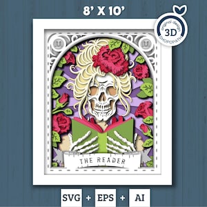 3D SVG Leser Skelett Tarot Karte 8x10 Shadow Box, Halloween Shadow Box 3D SVG, Karten SVG, Bücher SVG, Tarot 3D SVG, Cricut Silhouette