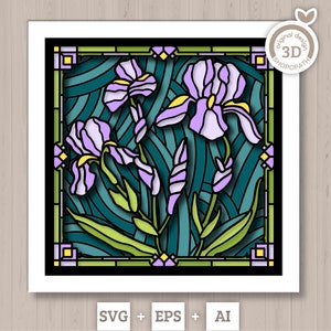 3D SVG Vetrate colorate Fiori di iris Shadow Box, Bouquet di iris 3d svg, 3D Vetrate colorate floreali Papercut, Shadow Box svg, Silhouette Cricut