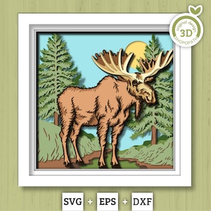 3D Moose Standing In Forest Shadow Box SVG, 3D Summer SVG, 3D Moose Svg, Nature 3D SVG, Pine Trees 3d svg, Forest 3d svg, Cricut Silhouette