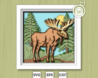 Alce 3D en el bosque (SVG), Verano 3D (SVG), Alce 3D (SVG), Naturaleza 3D (SVG), Pinos 3D (SVG), Bosque 3D (SVG), Silueta de Cricut