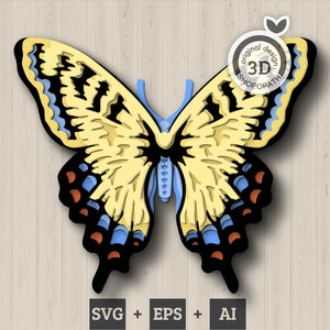 3D, papillon machaon tigre en couches SVG PDF EPS, 3D papillon en couches Papercut svg Bugs Svg découpé au laser Cricut Glowforge