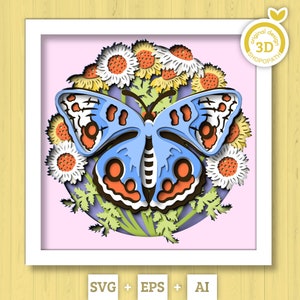 Papillon 3D Shadow Box SVG, Svg 3D Buckeye, fleurs sauvages en couches SVG, Shadow Box de printemps, svg floral Papercut, bleuet, Silhouette Cricut