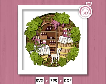 Wijnkelder met wijnstokbladeren - 3D Shadow Box gelaagde SVG DXF EPS (bestanden snijden)