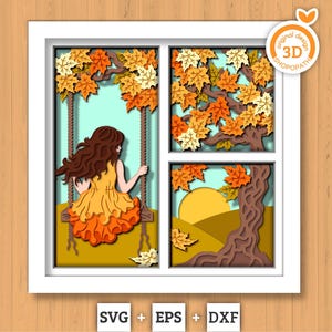 3D SVG Girl On Swing Under Autumn Tree Shadow Box, 3D Autumn SVG, Leaves 3D svg, Foliage 3D SVG, 3D Autumn Shadow Box, Cricut Silhouette