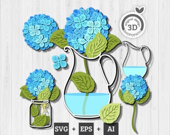 Peut inclure: Un design numérique de papier craft représentant des hortensias bleus dans un pichet et un bocal. Le design comprend le texte "original design 3D SHOPOPATH".