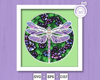 Dragonfly with Flowers - 3D Shadow Box Layered SVG DXF EPS (Cutting Files)