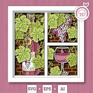 3D SVG Wine Shadow Box gelaagde wijnstokken, Winery Shadow Box, wijnglas 3D Svg, bladeren 3D Svg, bloemen Papercut svg, Cricut silhouet