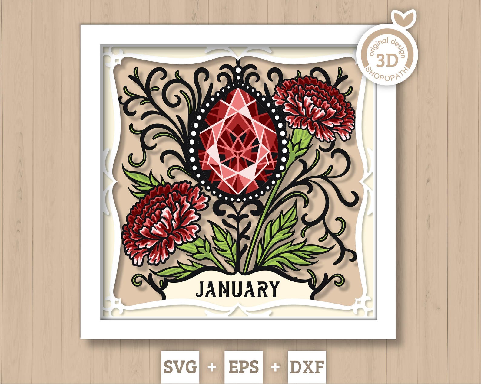 January Shadow Box 3D SVG Birth Month Garnet Gemstone With Carnation ...